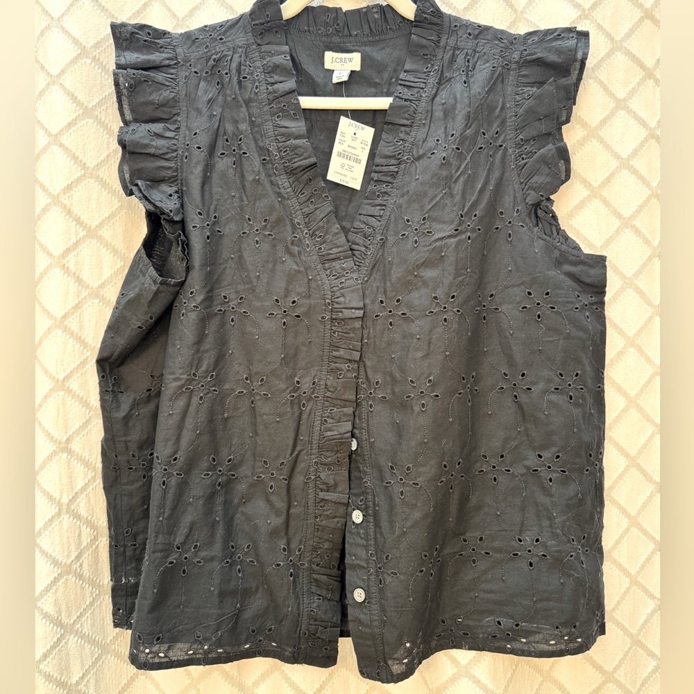 J. Crew Black Eyelet Ruffle Sleeve Button-Front Blouse